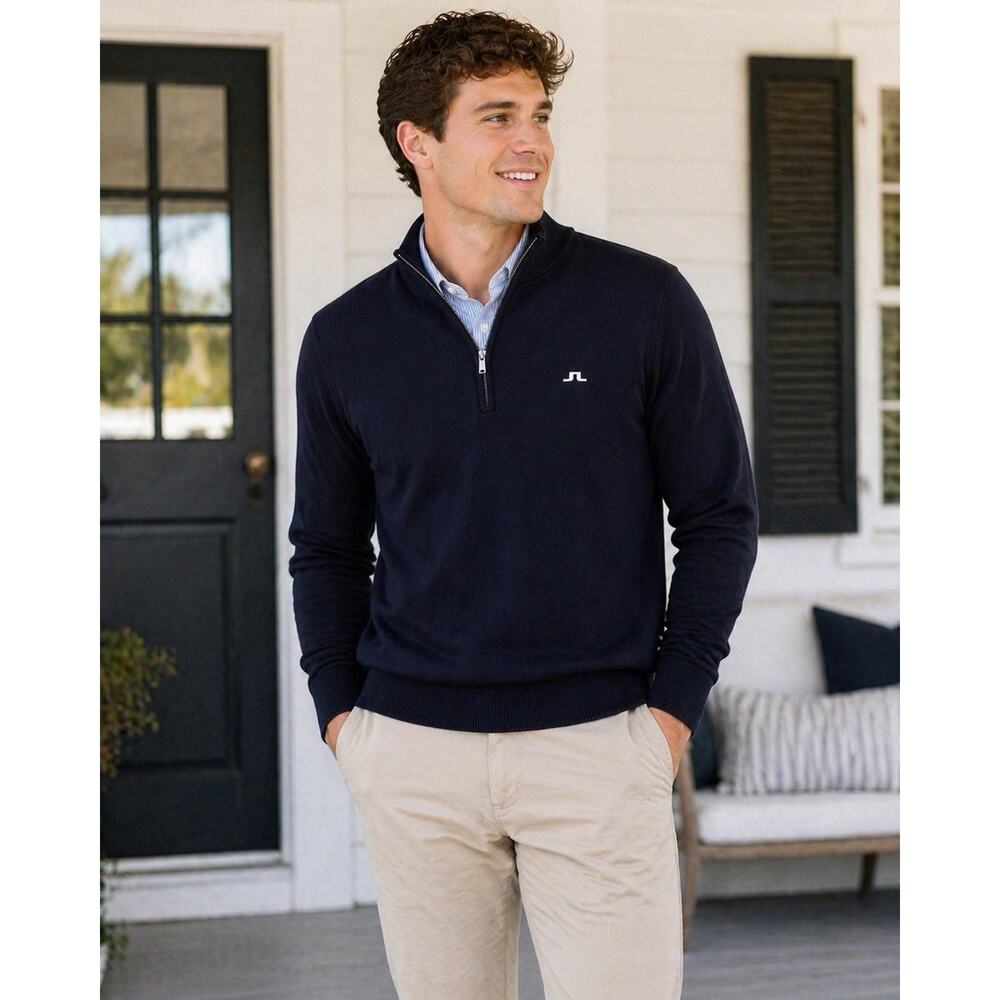 J. Lindeberg Kian Tour Merino Wool Quarter Zip Sweater Mens Small Navy Golf